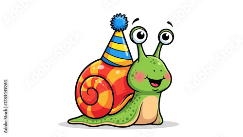 A cartoon snail wearing a party hat with a red and yellow swirled shell smiles on a white background