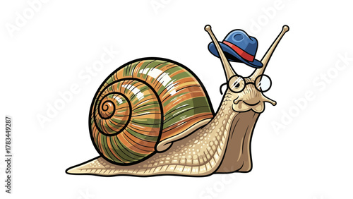 A cartoon snail wearing glasses and a hat