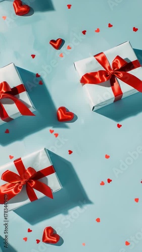 A blue background with a bunch of red hearts and white boxes with red bows. The boxes are in the middle of the
