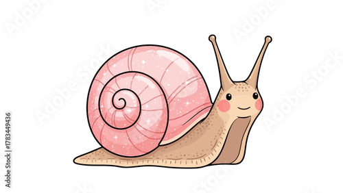 A cartoon snail with a pink swirled shell adorned with sparkles