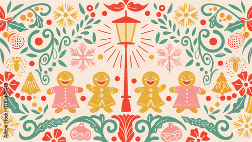 Whimsical christmas pattern featuring gingerbread cookies a street lamp snowflakes and festive floral ornaments