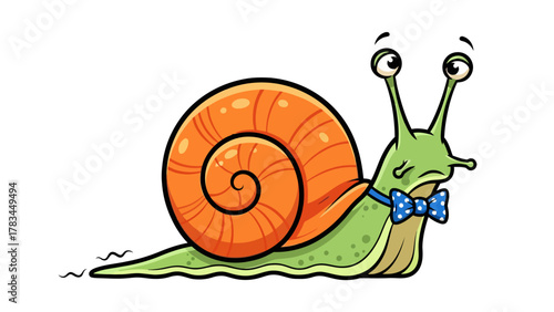 A cartoon snail with an orange shell and a blue polkadot bowtie