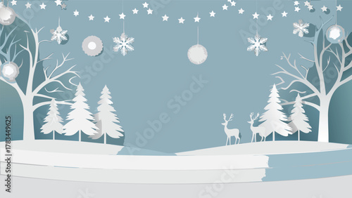 Whimsical winter wonderland scene with paper cutout trees snowflakes and deer under starry sky