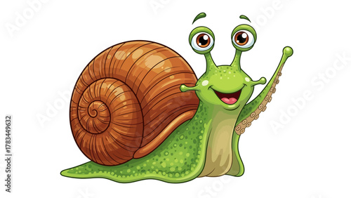 A cartoon snail with big eyes and a shell waves its arm