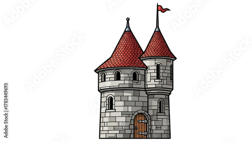 A cartoon stone castle tower with a red tiled roof and a flag