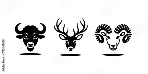 A black and white illustration of a buffalo, deer and ram head in a simple graphic design style illustration, artwork, vector