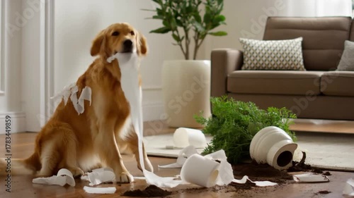 A playful dog has created a chaotic scene, surrounded by the aftermath of its mischievous adventure Stock Video