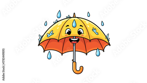 A cartoon yellow and orange umbrella with a happy face in the rain