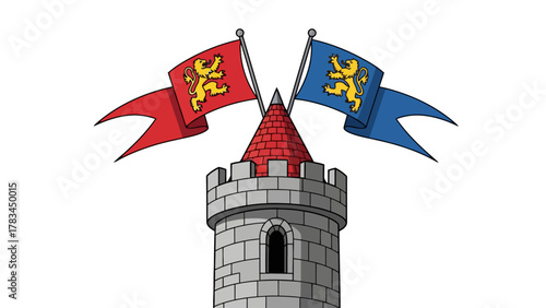 A castle tower with two flags one red and one blue each with a yellow lion