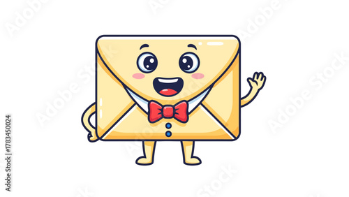 A cheerful yellow envelope character with a red bowtie waves its hand
