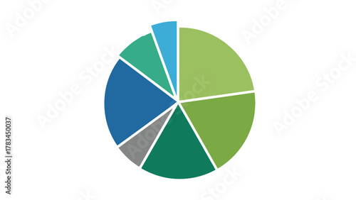 A circular pie chart with seven different colored slices
