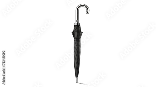 A closed black umbrella with a silver hook handle rests on a white background