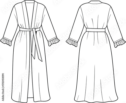 PrintFront and back fashion flat sketch of women long robe with pleated sleeve detail, belt tie waist, elegant nightwear template design