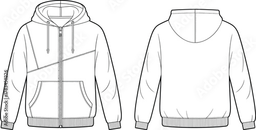 PrintFront and back hoodie flat sketch, zipper hooded sweatshirt design template, casual streetwear fashion vector illustration for apparel design