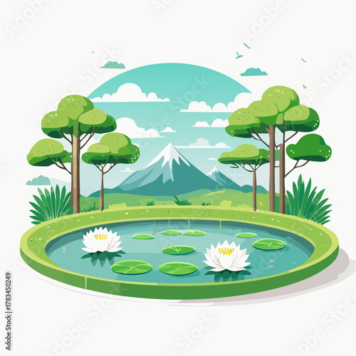 Serene landscape with pond and trees under a cloudy sky