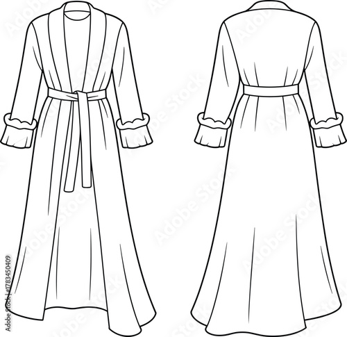 PrintFront and back technical flat sketch of women long robe with belt tie waist, ruffle sleeves, elegant nightwear fashion design template