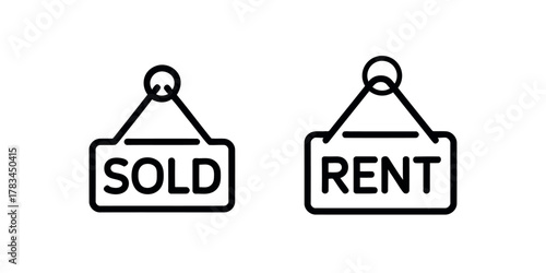 Two signs with sold and rent labels hanging on a white background in a minimalist style design illustration, artwork, vector