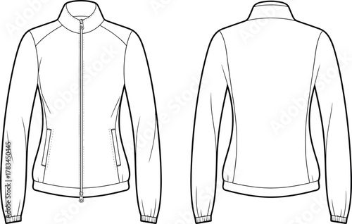 PrintFront and back technical flat sketch of women’s zip up jacket with high collar, pockets, ribbed cuffs, waistband, and fashion design template