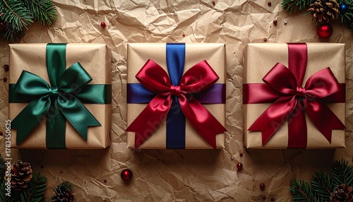 Three beautifully wrapped festive gift boxes with colorful satin ribbons, perfectly arranged on a rustic brown paper background, ready for holiday celebrations