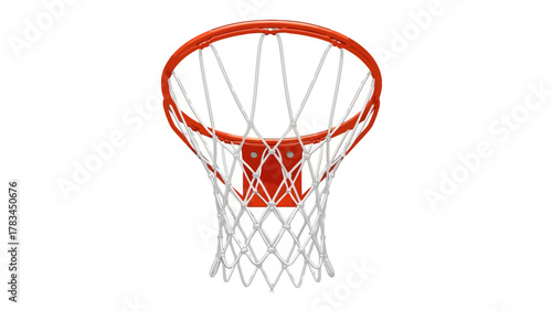 A frontfacing detailed view of an orange basketball hoop with a white net
