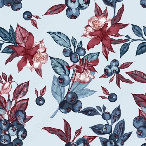 Blueberry vector seamless pattern illustration juicy blueberries and aquilegia flowers