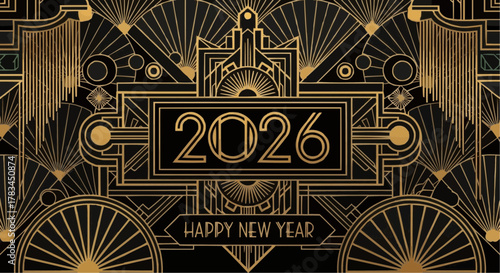 Luxurious Art Deco Happy New Year 2026 Vector Background. Geometric Golden Pattern