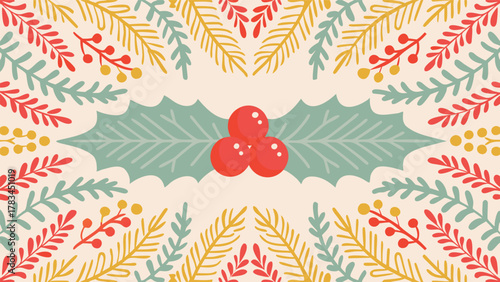 Festive christmas border design with holly leaves berries pine branches and subtle floral elements on a light background