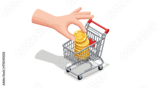 A hand places coins into a shopping cart