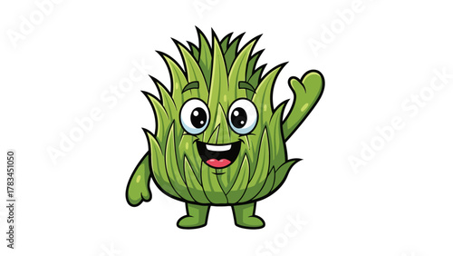 A happy cartoon artichoke character waving with its hand