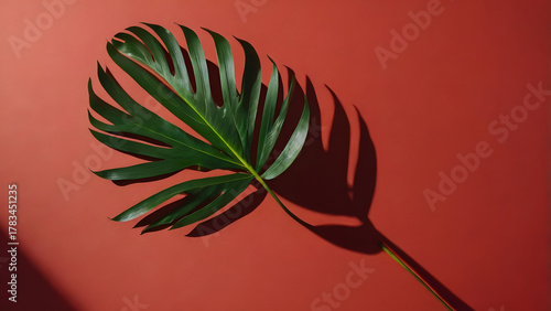 Tropical Palm Leaf Shadow on Red Background with Strong Sunlight