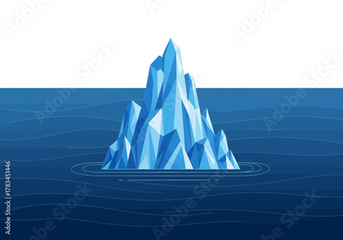 Geometric Iceberg Floating in Dark Blue Water with White Sky