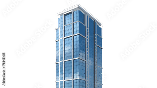 A modern glass skyscraper with a white frame against a white background
