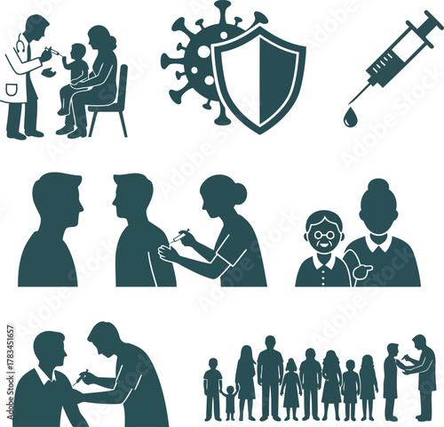 Flat silhouettes showing vaccination scenes, doctors with syringes, and patients being immunized. Minimal, clean, and gradient-free. Great for awareness campaigns, posters and medical education.