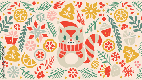 Cute raccoon character wearing a santa hat and scarf surrounded by festive christmas decorations and winter elements