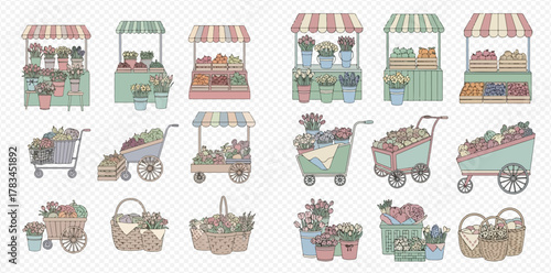 Collection of pastel illustrations depicting various market stalls, carts, and baskets filled with fresh flowers, fruits, and vegetables.