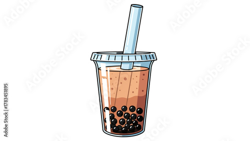 A pixel art illustration of a bubble tea drink in a clear plastic cup with a straw