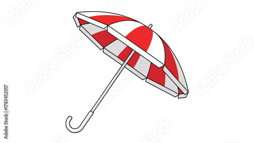 A red and white striped umbrella with a curved handle