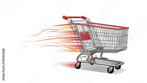 A redtrimmed shopping cart with motion lines on a white background