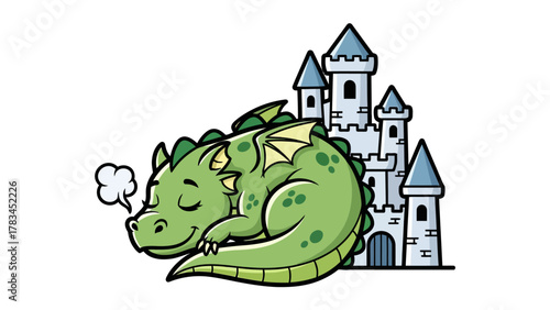 A sleeping green dragon rests next to a white castle