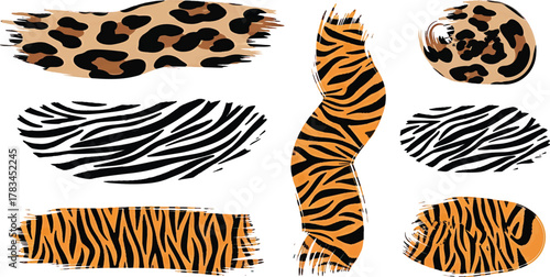 A trendy collection of vector grunge brush strokes featuring wild animal prints like tiger stripes, leopard spots, and zebra patterns, isolated for modern fashion and textile design.