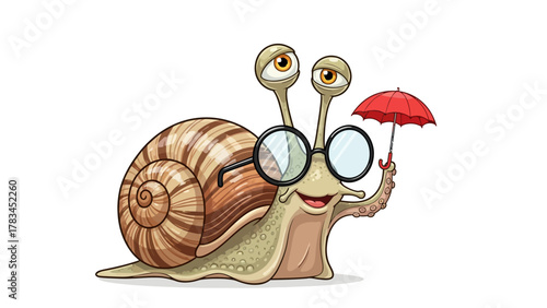 A smiling snail wearing glasses holds a red umbrella