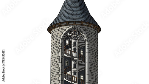 A stone tower with a conical roof and a tall arched window showing spiral staircases