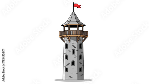 A stone tower with a wooden observation deck and red flag