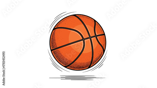 A stylized drawing of a bouncing basketball with motion lines