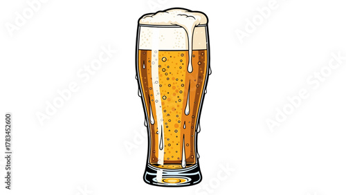 A tall glass filled with ambercolored beer and frothy white head