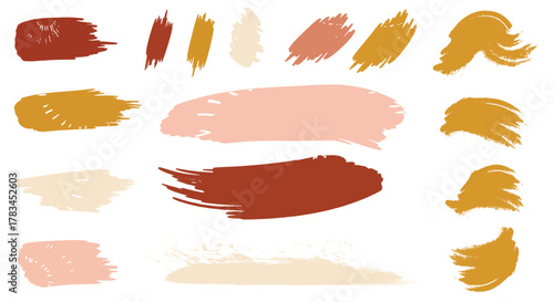 A versatile collection of abstract vector grunge brush strokes in a warm, earthy bohemian color palette, featuring terracotta, ochre, and nude pink for modern creative projects.