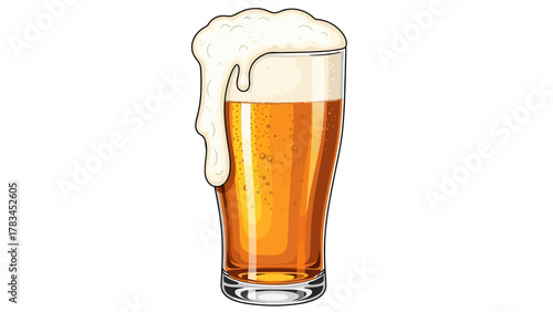 A tall glass of amber beer with a frothy head overflowing
