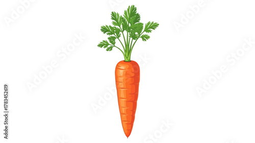 A vibrant stylized carrot with green leaves against a white background