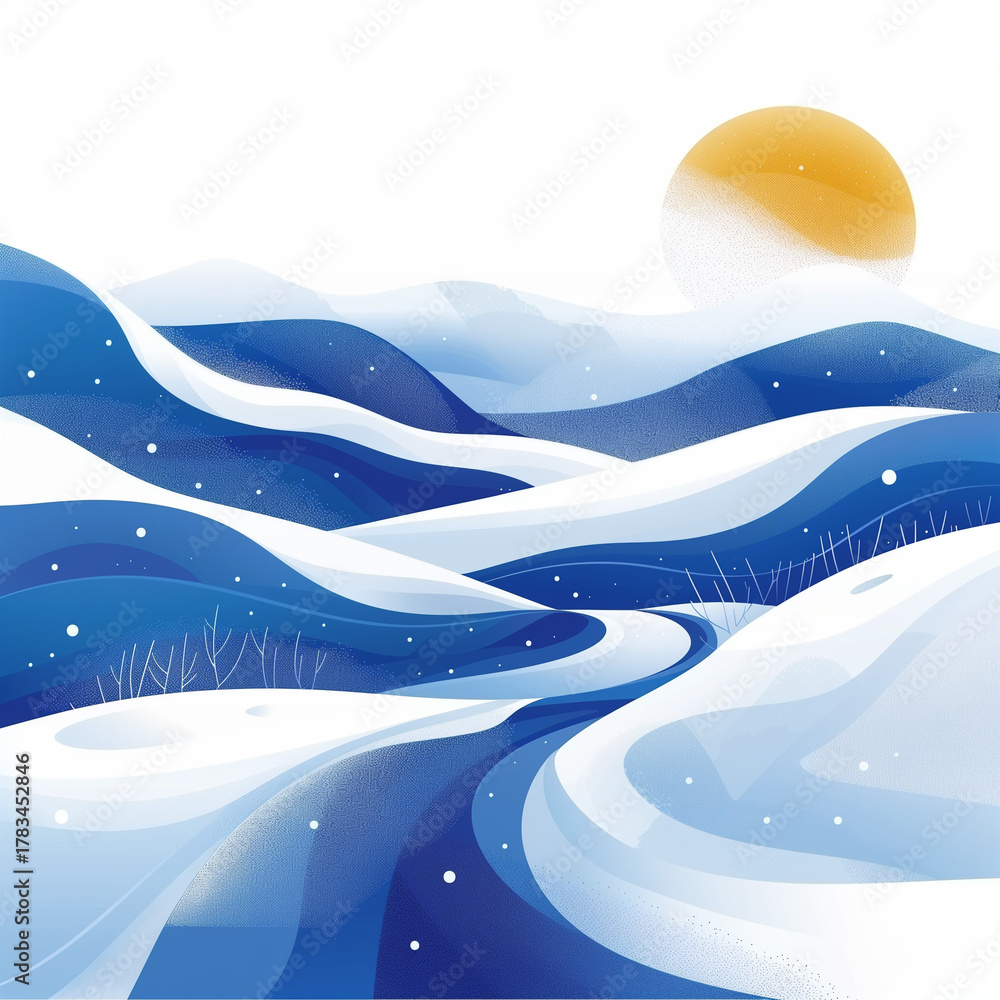 Fototapeta premium Abstract winter landscape with blue mountains and sun