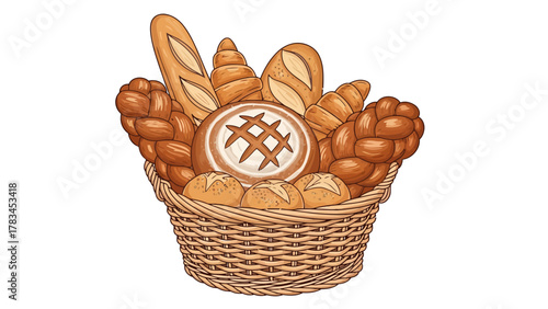 A woven basket filled with assorted bread loaves and rolls